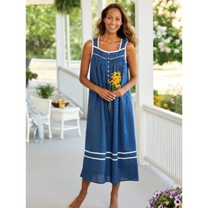 Eileen West Nautical Blue Polka Dot Cotton Nightgown XL Sleeveless Lawn
